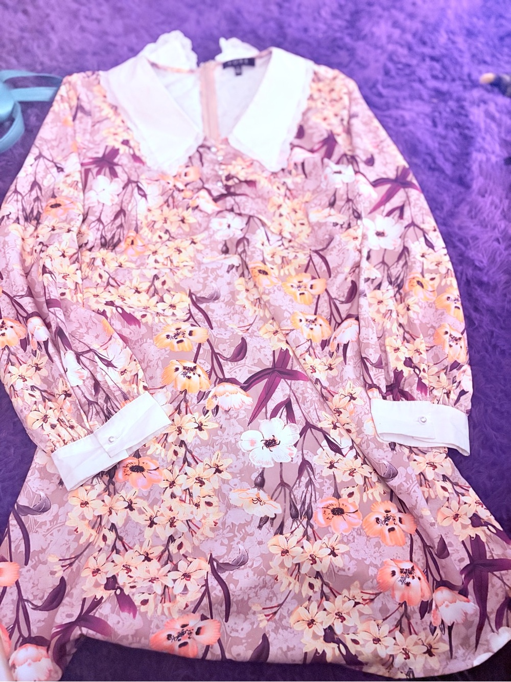 Floral Long-Sleeve Dress with White Collar - Pink